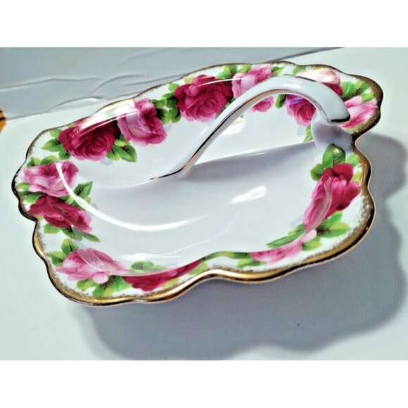 Royal Albert Old English Rose Divided Leaf Dish with Handle  7.5" × 6 7/8" - Picture 1 of 12